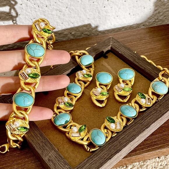 New Bracelet Chunky Blue Peridot Rhinestone Gold Tone 7" 8" 9" Jewelry F023 - Picture 5 of 5